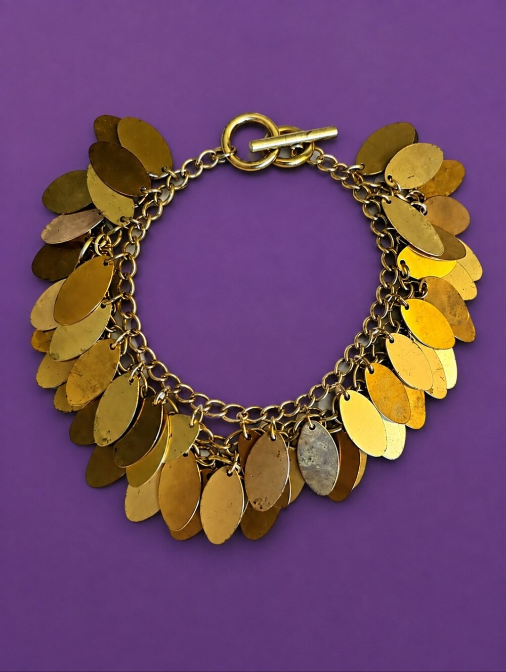 Vintage Gold Tone Chainmaille Disc Dangle Chain Bracelet